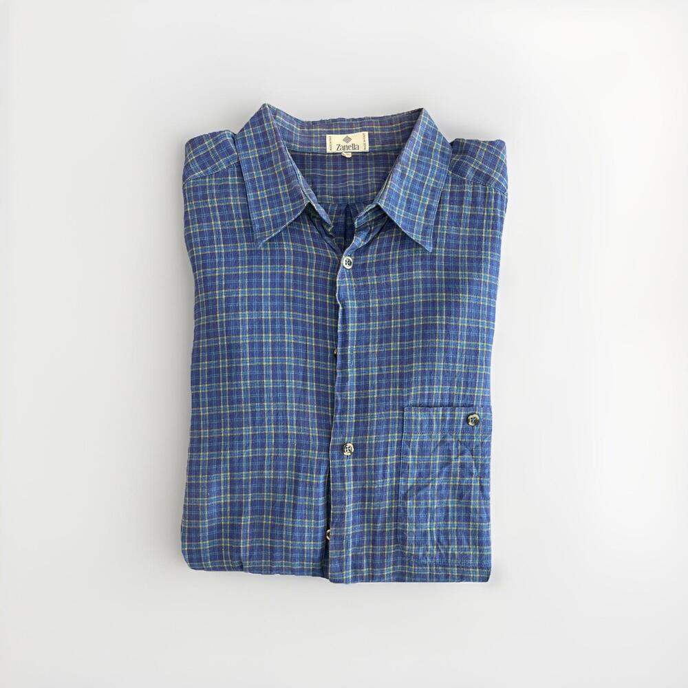 ZANELLA MENS LINEN COTTON BLEND CASUAL BLUE BUTTON SHIRT XL MADE IN ITALY VGC